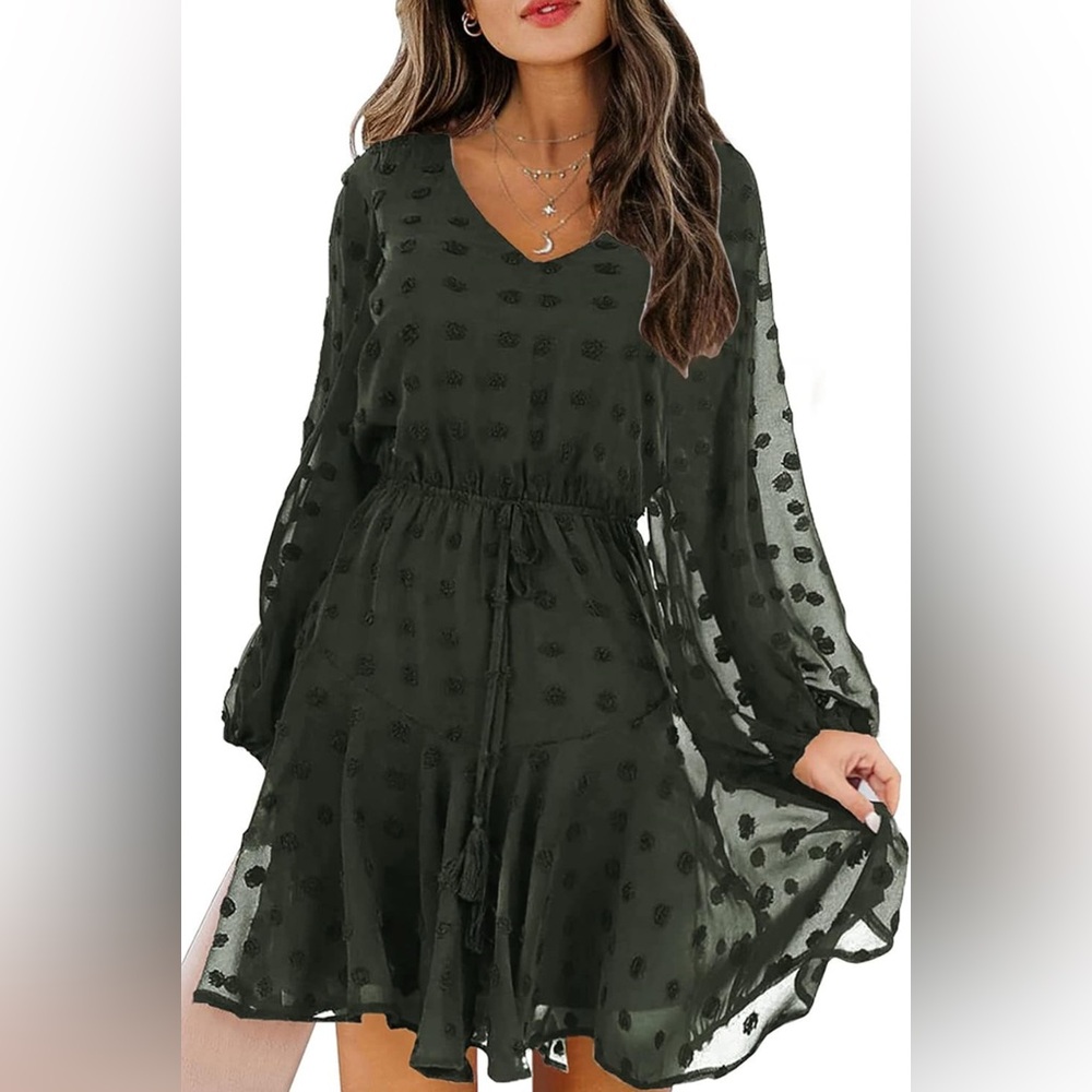 Kirundo Sheer Long Sleeve Swiss Dot Waist Tie Mini Dress Feminine Romantic Sz XL